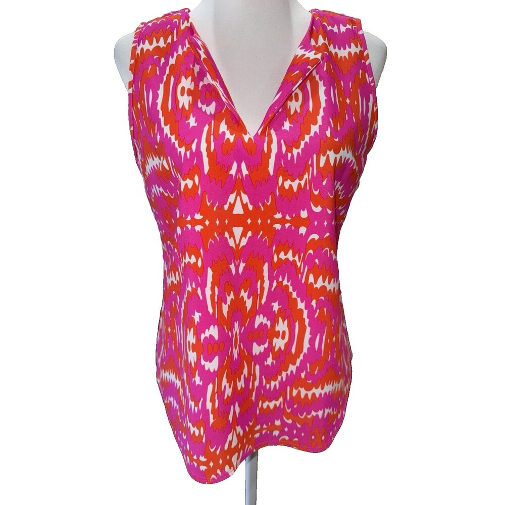 Jude Connally Pink Orange Ikat Sleeveless V-Neck Stretch Knit Top Made In USA  M - Picture 2 of 11